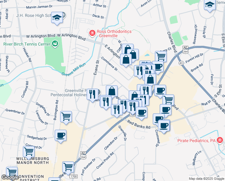 map of restaurants, bars, coffee shops, grocery stores, and more near 108 Brinkley Road in Greenville