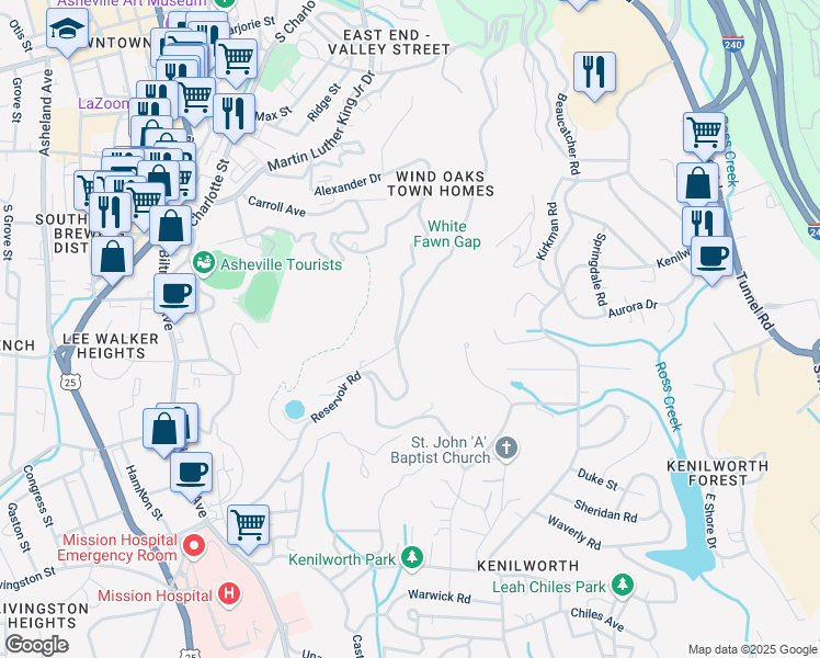 map of restaurants, bars, coffee shops, grocery stores, and more near 540 Windswept Drive in Asheville