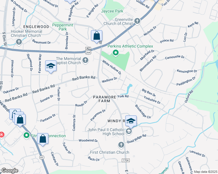 map of restaurants, bars, coffee shops, grocery stores, and more near 2305 East 14th Street in Greenville