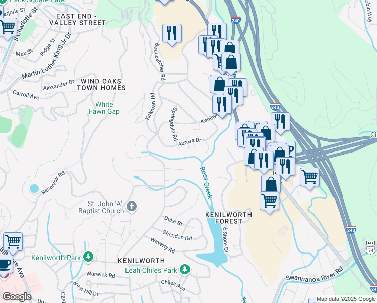 map of restaurants, bars, coffee shops, grocery stores, and more near 135 Aurora Drive in Asheville