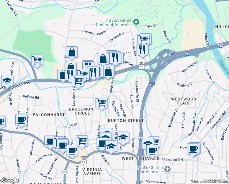 map of restaurants, bars, coffee shops, grocery stores, and more near 99999 Burton Street in Asheville