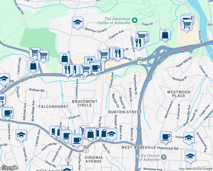 map of restaurants, bars, coffee shops, grocery stores, and more near 99999 Burton Street in Asheville