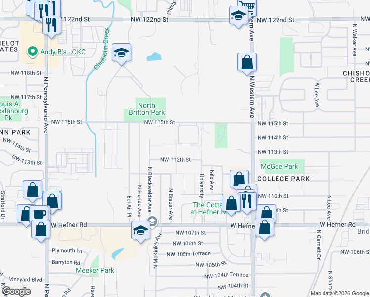 map of restaurants, bars, coffee shops, grocery stores, and more near 1400 Northwest 115th Street in Oklahoma City