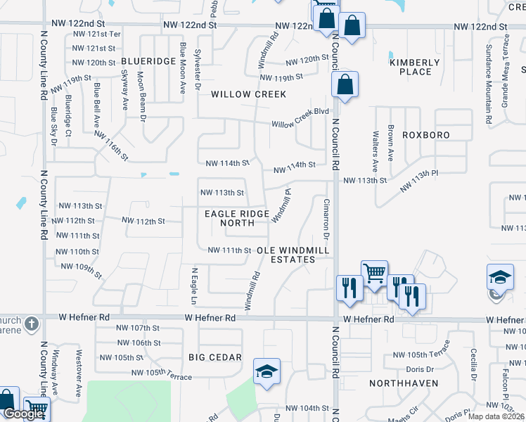 map of restaurants, bars, coffee shops, grocery stores, and more near 11320 Windmill Road in Oklahoma City