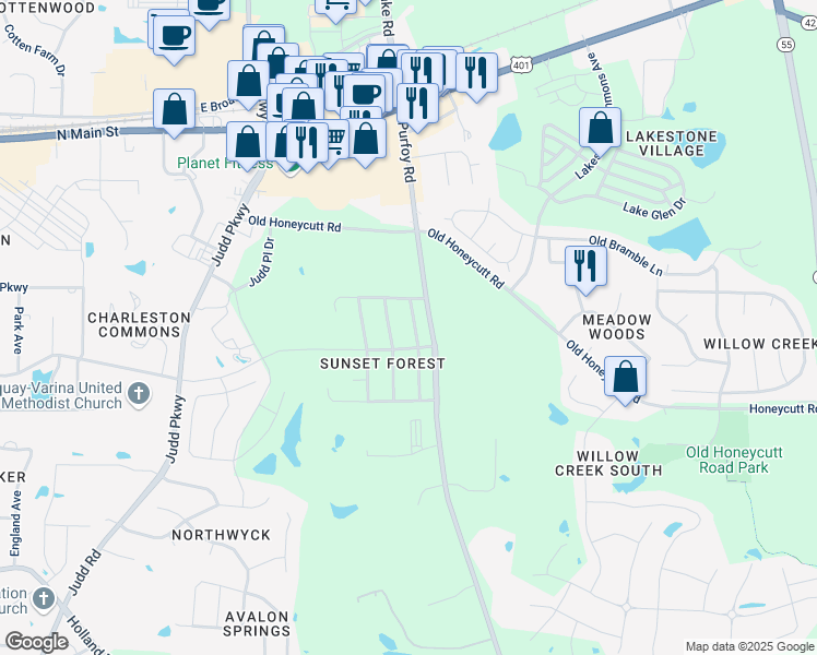 map of restaurants, bars, coffee shops, grocery stores, and more near 109 North Friars Chase Lane in Fuquay Varina