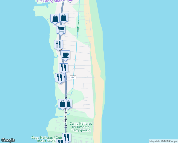 map of restaurants, bars, coffee shops, grocery stores, and more near 24402 Caribbean Way in Rodanthe