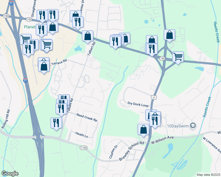 map of restaurants, bars, coffee shops, grocery stores, and more near 128 Romany Lane in Mooresville