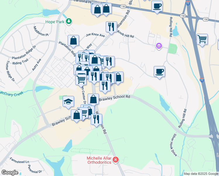 map of restaurants, bars, coffee shops, grocery stores, and more near 134 Mooresville Commons Way in Mooresville