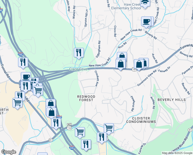 map of restaurants, bars, coffee shops, grocery stores, and more near 1 Beechwood Road in Asheville