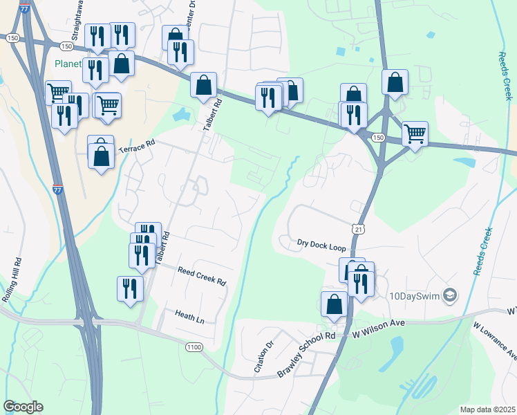 map of restaurants, bars, coffee shops, grocery stores, and more near 128 Romany Lane in Mooresville