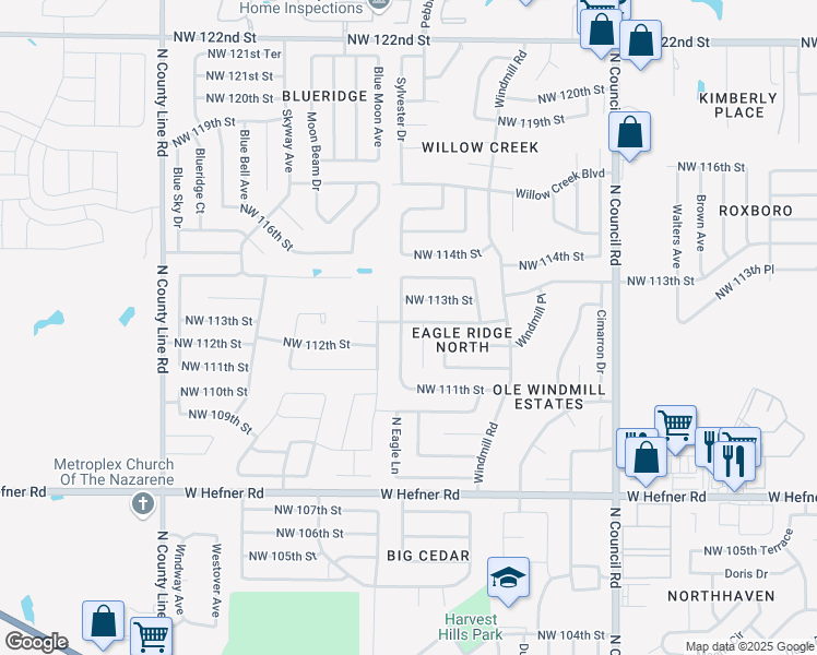 map of restaurants, bars, coffee shops, grocery stores, and more near 11320 North Eagle Lane in Oklahoma City