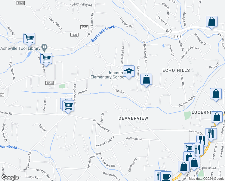 map of restaurants, bars, coffee shops, grocery stores, and more near 49 Cub Road in Asheville