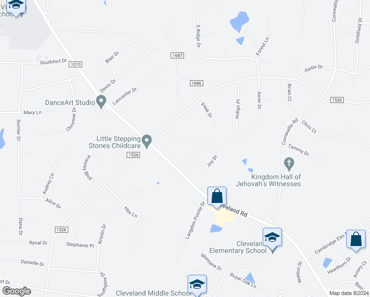 map of restaurants, bars, coffee shops, grocery stores, and more near 3330 Caitie Lane in Garner