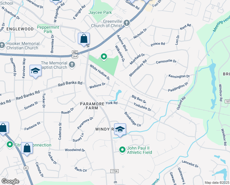 map of restaurants, bars, coffee shops, grocery stores, and more near 2223 Locksley Woods Drive in Greenville