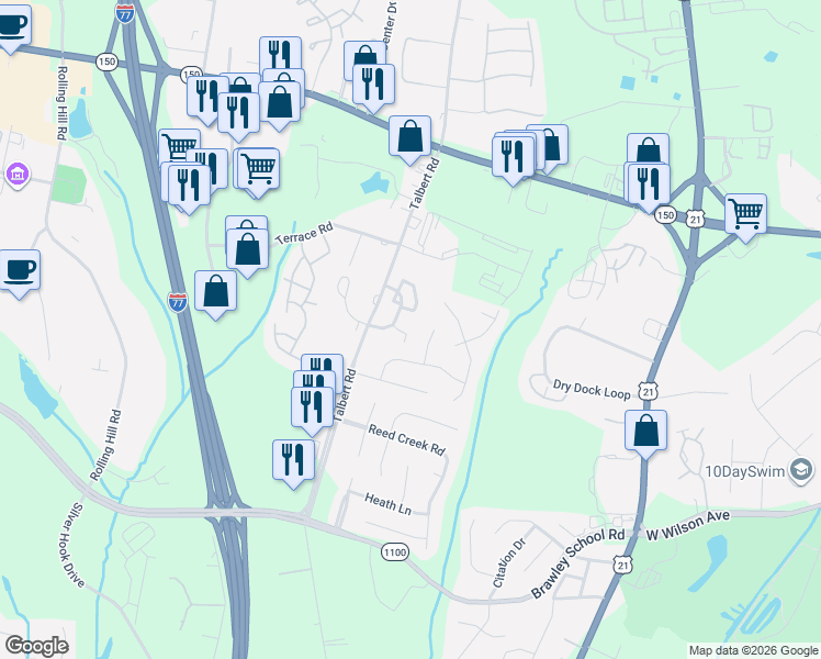 map of restaurants, bars, coffee shops, grocery stores, and more near 151 Kallie Loop in Mooresville