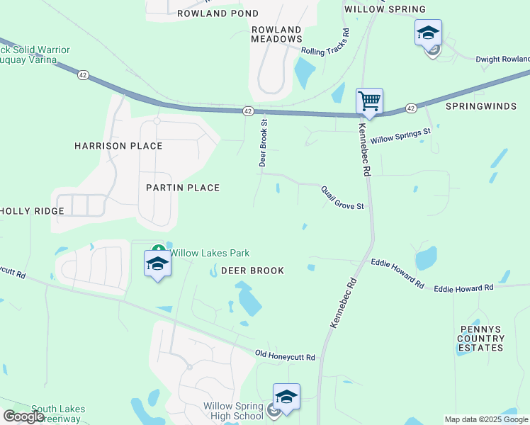 map of restaurants, bars, coffee shops, grocery stores, and more near 7221 Deer Brook Street in Willow Spring