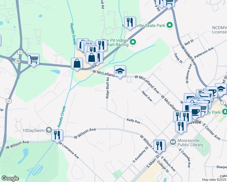 map of restaurants, bars, coffee shops, grocery stores, and more near 114 Lookout Point Place in Mooresville
