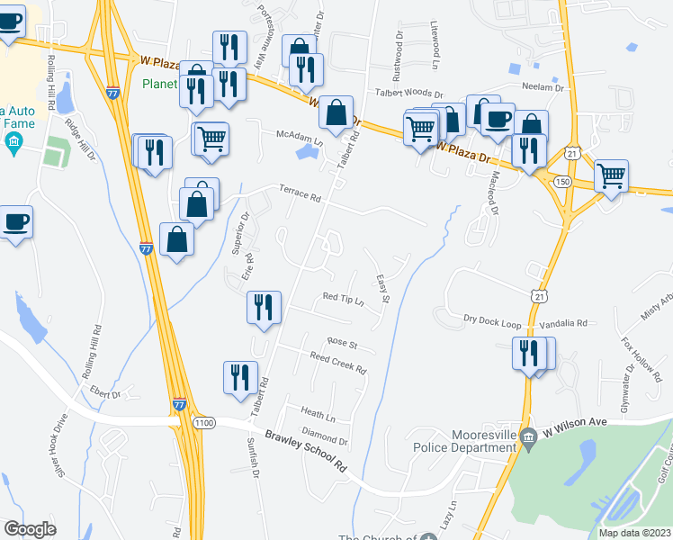 map of restaurants, bars, coffee shops, grocery stores, and more near 113 Kase Court in Mooresville