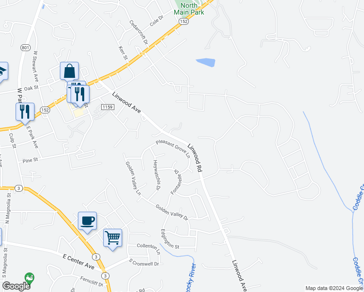 map of restaurants, bars, coffee shops, grocery stores, and more near 146 Pleasant Grove Lane in Mooresville