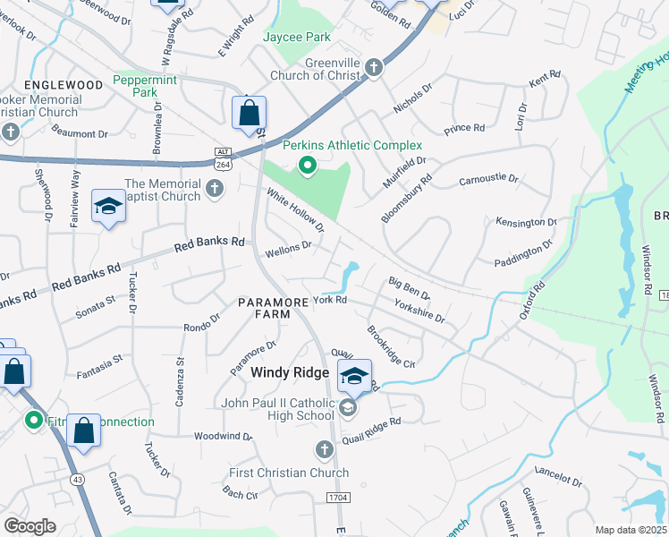 map of restaurants, bars, coffee shops, grocery stores, and more near 2225 Locksley Woods Drive in Greenville