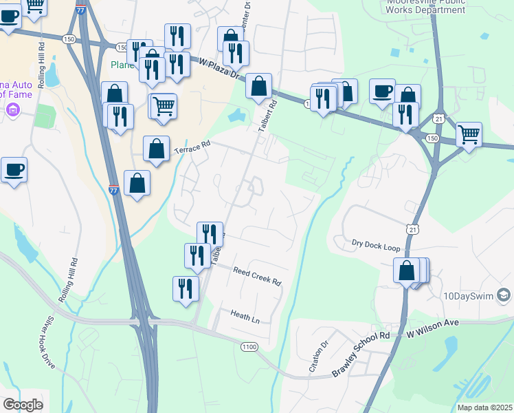 map of restaurants, bars, coffee shops, grocery stores, and more near 151 Kallie Loop in Mooresville