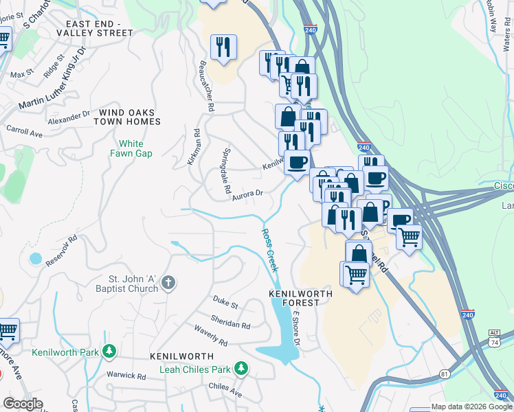 map of restaurants, bars, coffee shops, grocery stores, and more near 135 Aurora Drive in Asheville