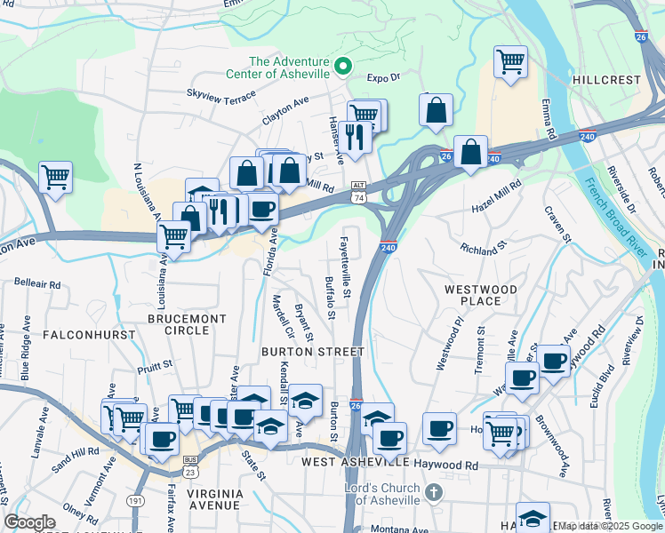 map of restaurants, bars, coffee shops, grocery stores, and more near 67 Buffalo Street in Asheville