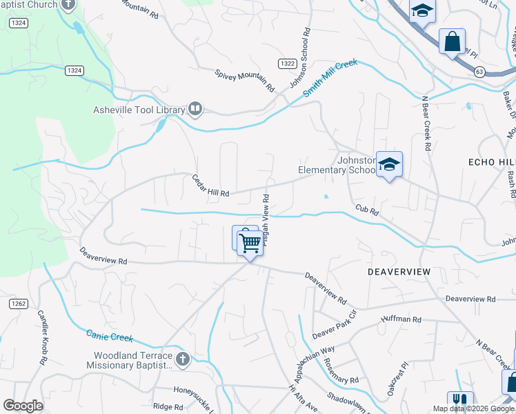 map of restaurants, bars, coffee shops, grocery stores, and more near 9 Pisgah View Road in Asheville