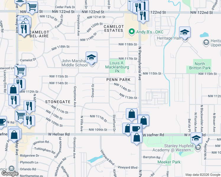 map of restaurants, bars, coffee shops, grocery stores, and more near 2300 Northwest 114th Street in Oklahoma City