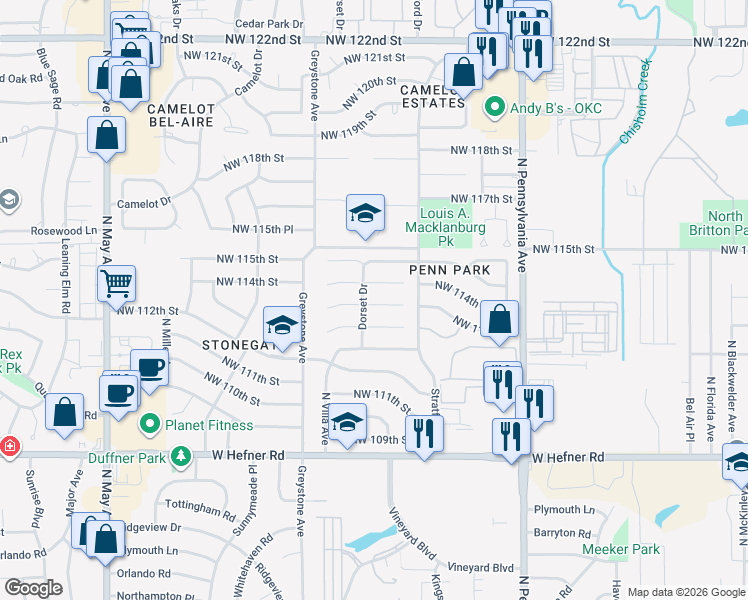map of restaurants, bars, coffee shops, grocery stores, and more near 2320 Northwest 114th Street in Oklahoma City