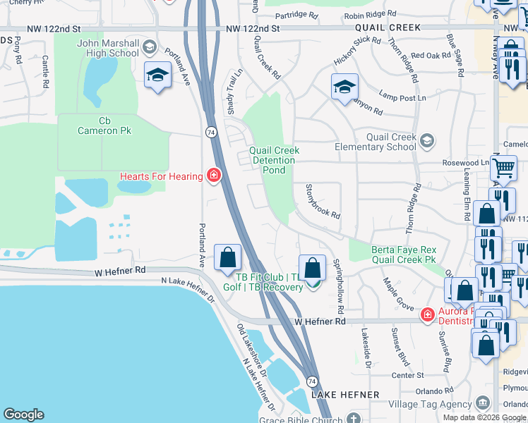 map of restaurants, bars, coffee shops, grocery stores, and more near 11409 Springhollow Road in Oklahoma City