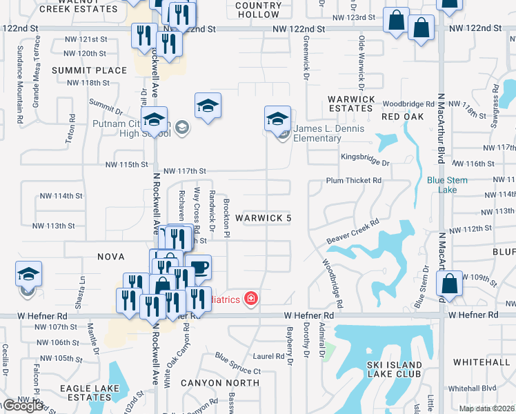 map of restaurants, bars, coffee shops, grocery stores, and more near 6600 Northwest 115th Street in Oklahoma City