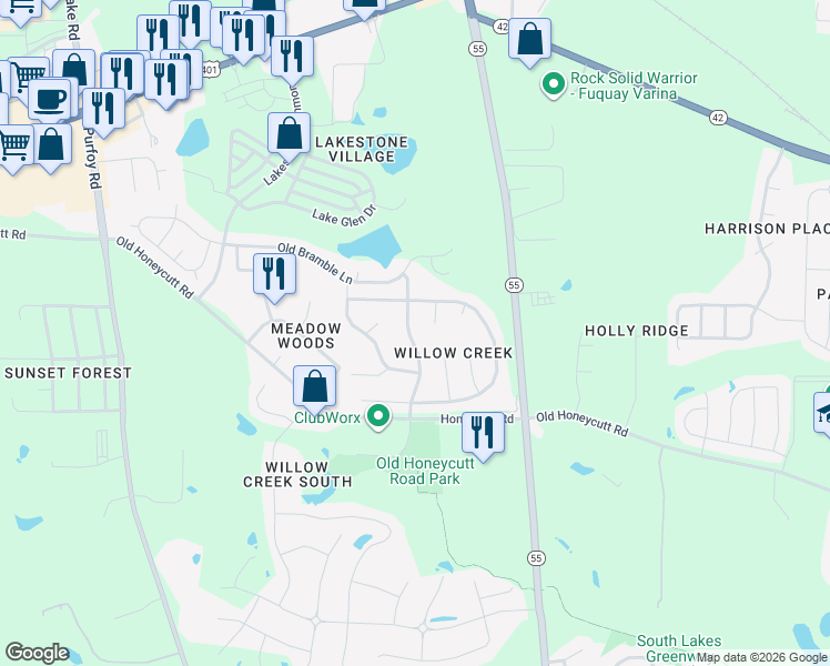 map of restaurants, bars, coffee shops, grocery stores, and more near 245 Appsmill Place in Fuquay-Varina