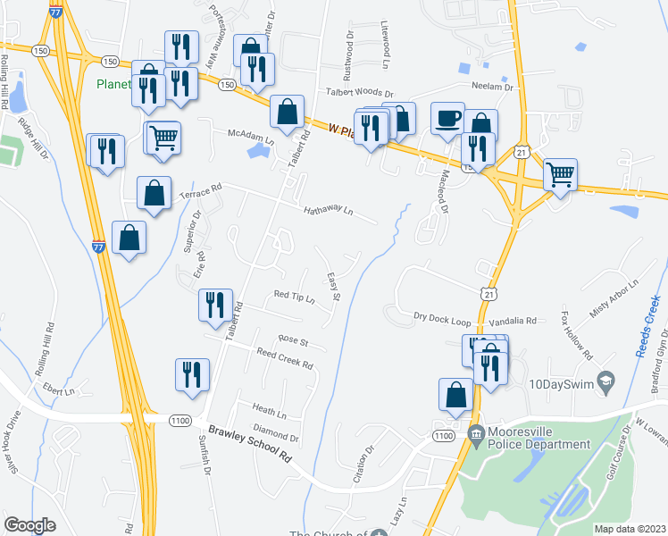 map of restaurants, bars, coffee shops, grocery stores, and more near 152 Easy Street in Mooresville