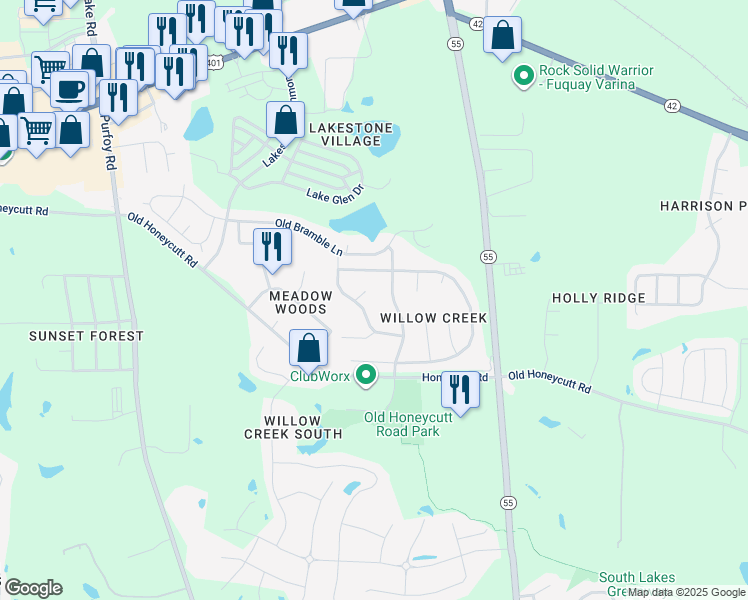 map of restaurants, bars, coffee shops, grocery stores, and more near 1768 Whitbrook Court in Fuquay Varina