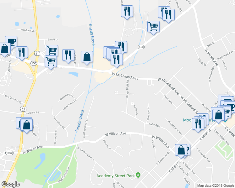 map of restaurants, bars, coffee shops, grocery stores, and more near 119 High Bluff Circle in Mooresville