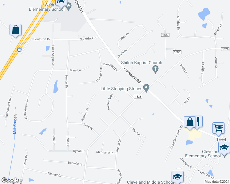 map of restaurants, bars, coffee shops, grocery stores, and more near 252 Presley Boulevard in Garner