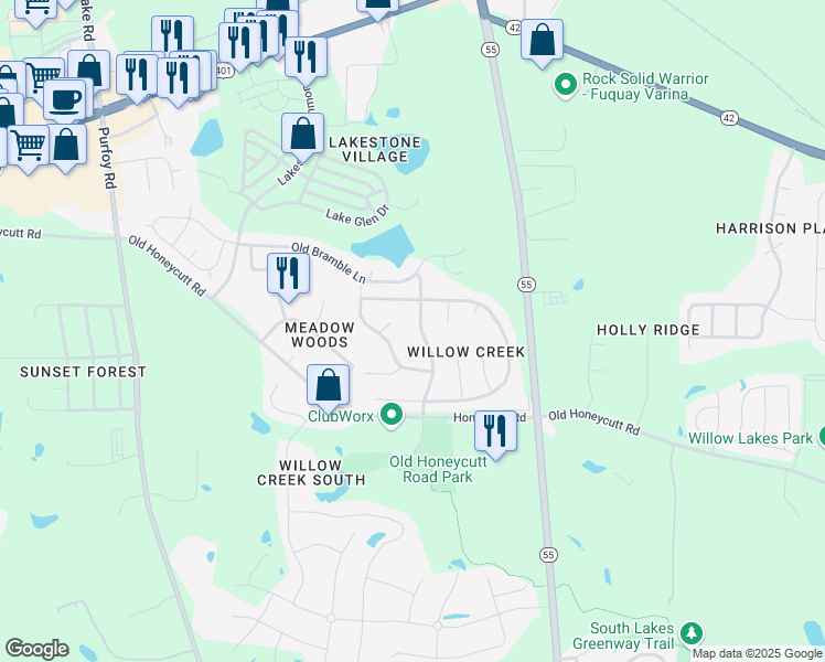 map of restaurants, bars, coffee shops, grocery stores, and more near 229 Weststone Boulevard in Fuquay Varina
