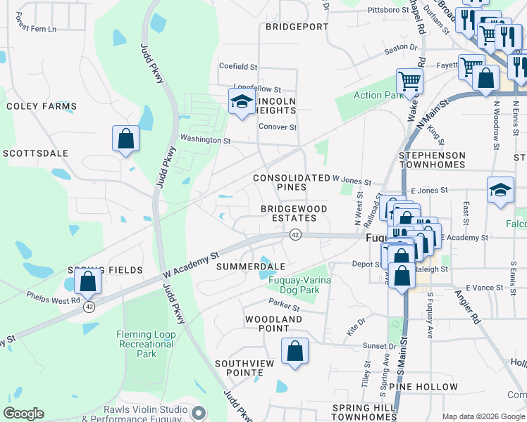 map of restaurants, bars, coffee shops, grocery stores, and more near 526 Dawley Drive in Fuquay-Varina
