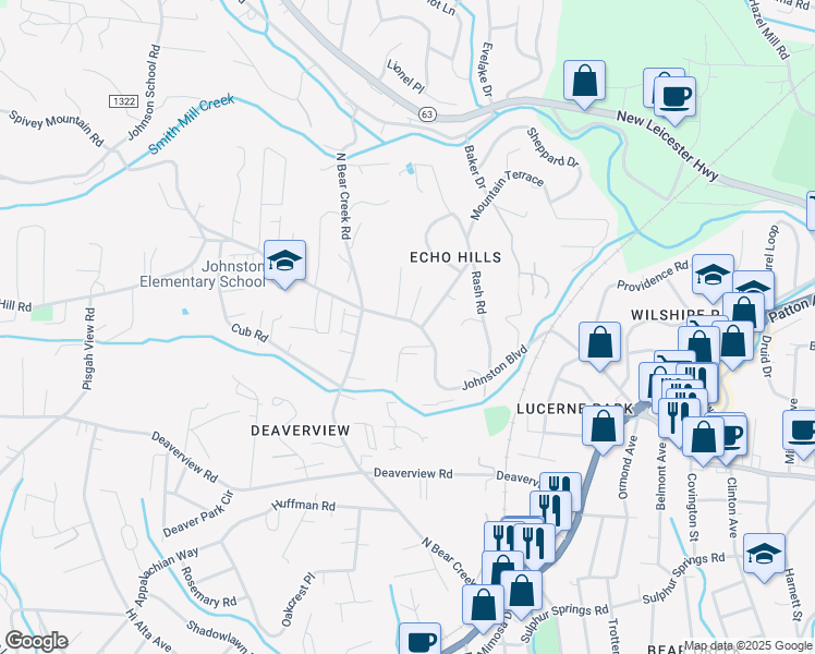 map of restaurants, bars, coffee shops, grocery stores, and more near 172 Johnston Boulevard in Asheville