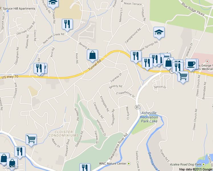 map of restaurants, bars, coffee shops, grocery stores, and more near 94 Fairway Drive in Asheville