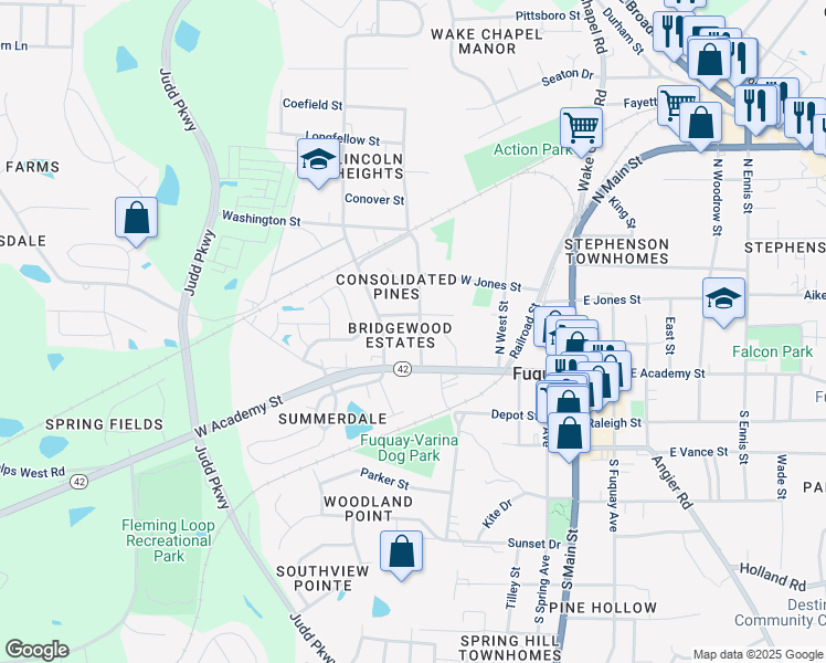 map of restaurants, bars, coffee shops, grocery stores, and more near 400 Kellywood Court in Fuquay Varina