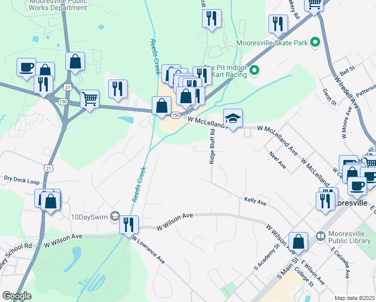 map of restaurants, bars, coffee shops, grocery stores, and more near 131 High Bluff Circle in Mooresville