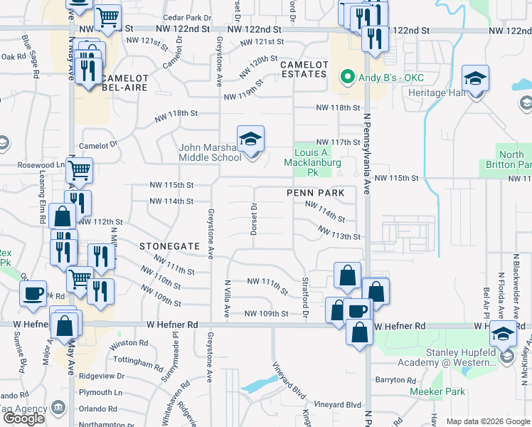 map of restaurants, bars, coffee shops, grocery stores, and more near 2320 Northwest 114th Street in Oklahoma City