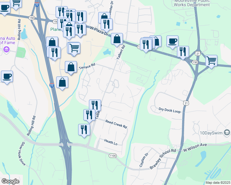 map of restaurants, bars, coffee shops, grocery stores, and more near 109 Kase Court in Mooresville