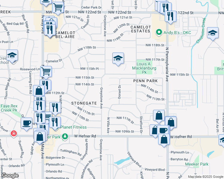 map of restaurants, bars, coffee shops, grocery stores, and more near 2408 Northwest 114th Street in Oklahoma City