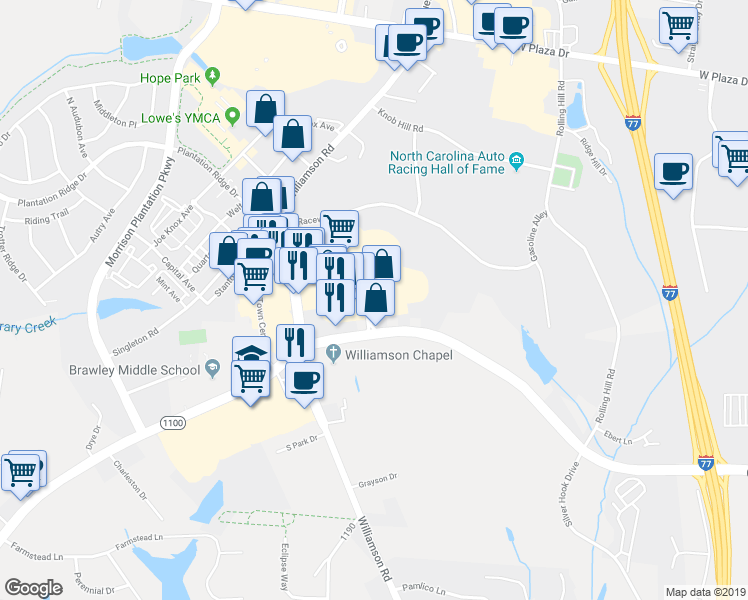 map of restaurants, bars, coffee shops, grocery stores, and more near 146a Mooresville Commons Way in Mooresville