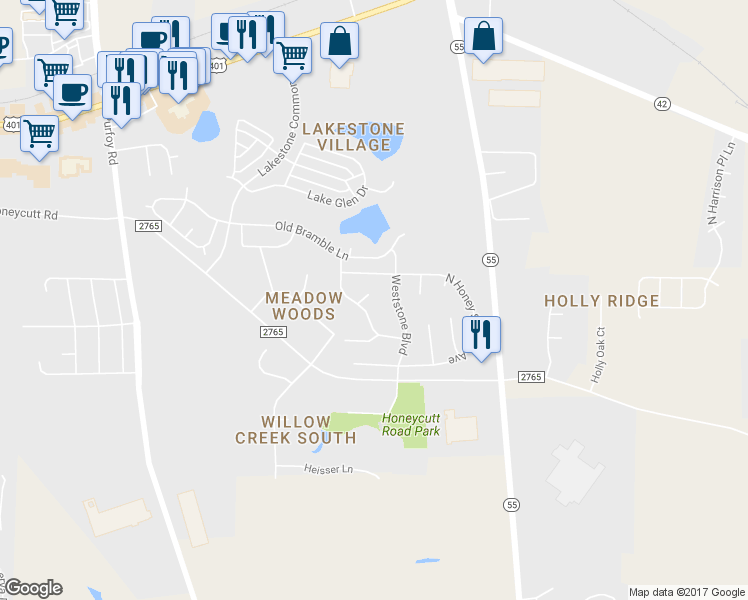 map of restaurants, bars, coffee shops, grocery stores, and more near 1768 Whitbrook Court in Fuquay Varina