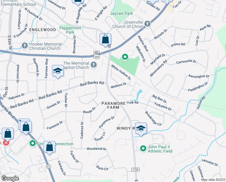 map of restaurants, bars, coffee shops, grocery stores, and more near 2305 East 14th Street in Greenville