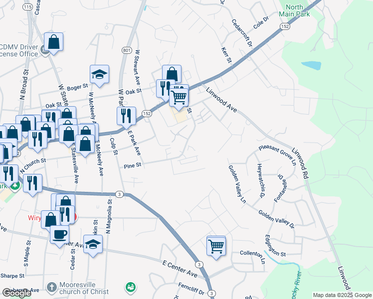 map of restaurants, bars, coffee shops, grocery stores, and more near 1008 Pine Street in Mooresville